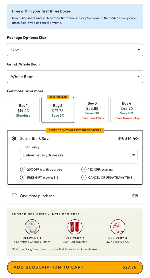 The buy box on a JOY COFFEE product page