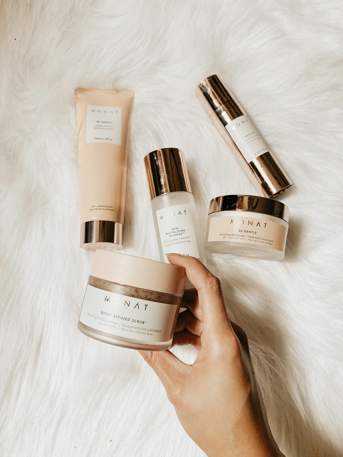 Skincare and beauty products laid out for a subscription box