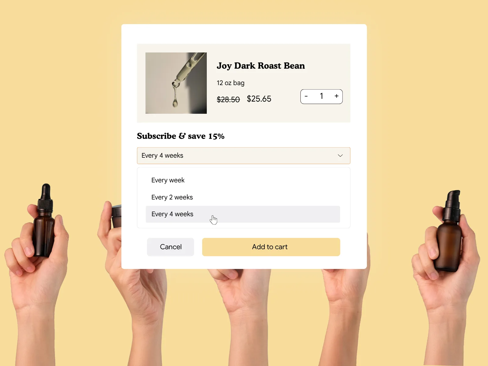 Hands holding serum bottles around a subscribe and save panel, with the delivery frequency dropdown open on Every 4 weeks