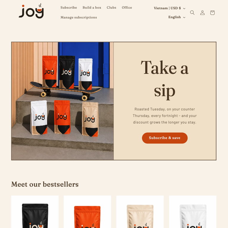 Joy coffee & tea demo store homepage, showing bagged coffee product photography in a subscription banner