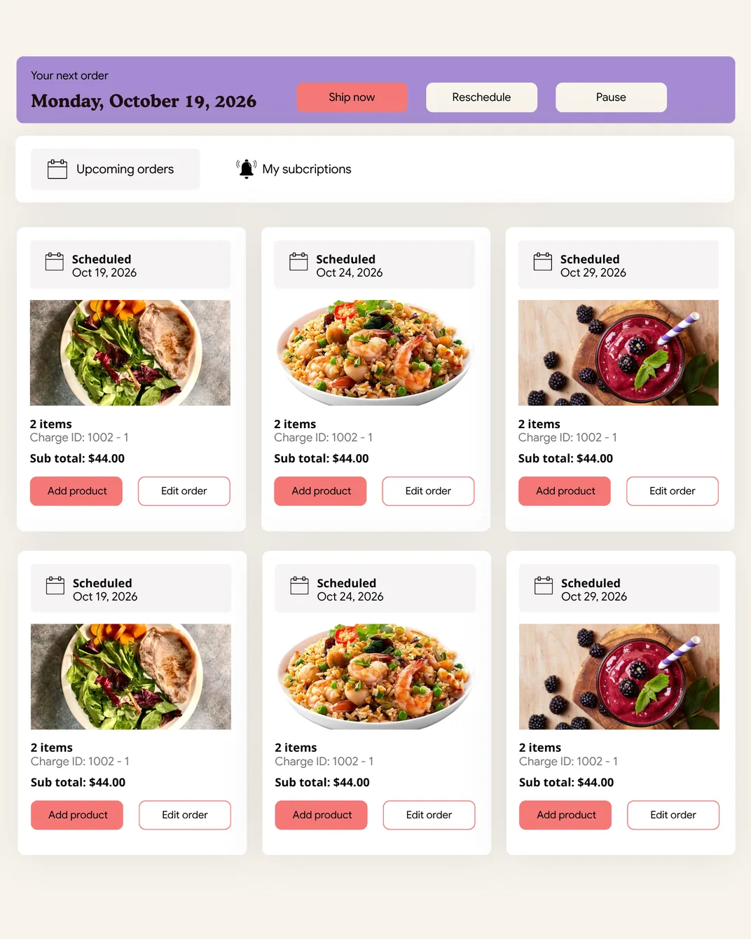 Subscriber portal listing upcoming meal kit orders scheduled through October, each card showing its items, subtotal and Edit order button